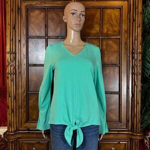 NWOT Belle by Kim Gravel Seafoam Tie Front Pleat Flute Sleeve Cotton Modal Top